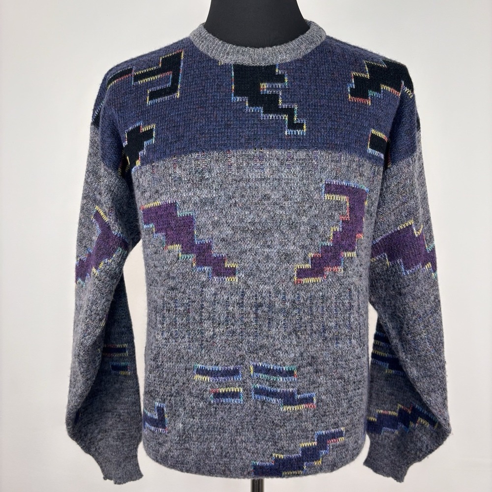 Koman Sweater Men's L Gray Blue Knit Grandpa Preppy Geometric Abstract Retro VTG
